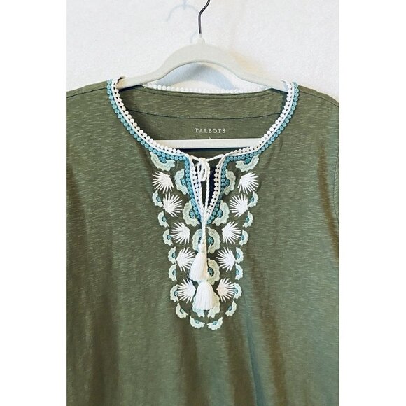 Talbots Top Womens Large Olive Green Embroidered Split Neck Tunic Tassel Boho - Picture 3 of 7